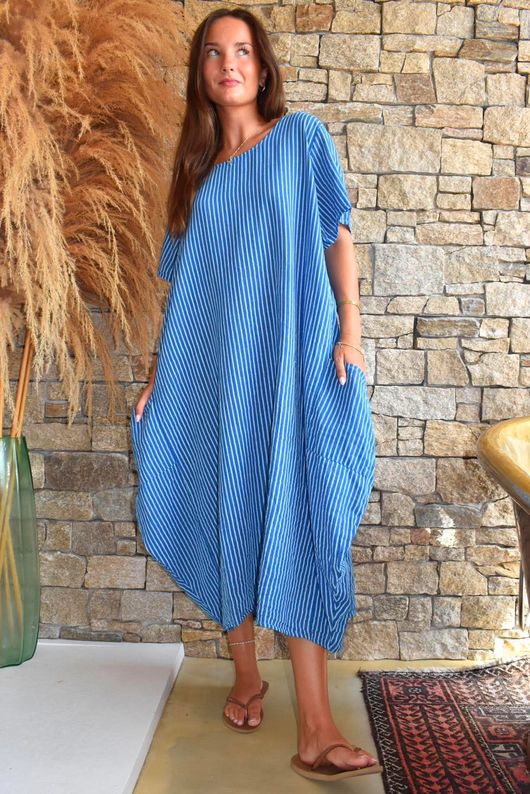 Salcombe Chalk Stripe Cotton Cocoon Dress Malibu Blue